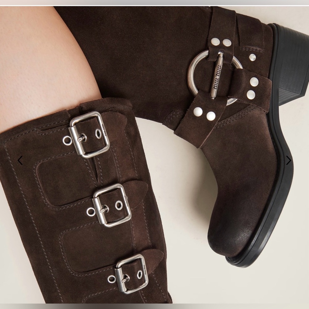 Miu Miu Brown Suede Buckle Knee-High Boots - Picture 9 of 10